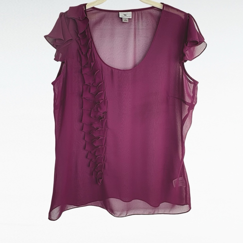 Worthington Dark Fairy Feminine Sheer Ruffle Top L Flutter Sleeve y2k WhimsiGoth